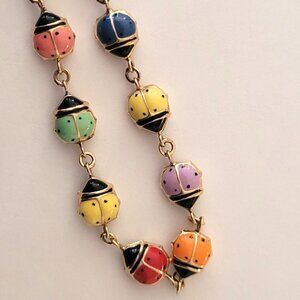 Lady Bug Multicolor Puffy Enamel Bracelet 10k Yellow Gold